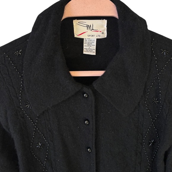 Vintage SML Sport Ltd Black Beaded Cardigan Sweater Collar Sz L Lambswool Angora - Picture 8 of 8